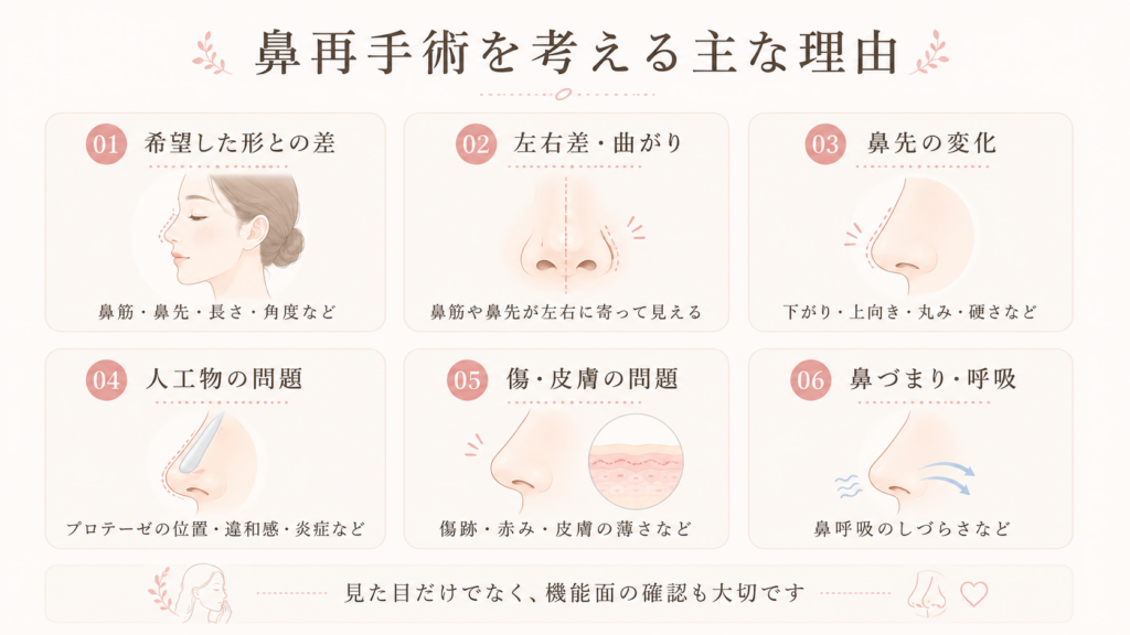 鼻再手術を考える主な理由｜形・左右差・鼻先・人工物・皮膚・呼吸の問題