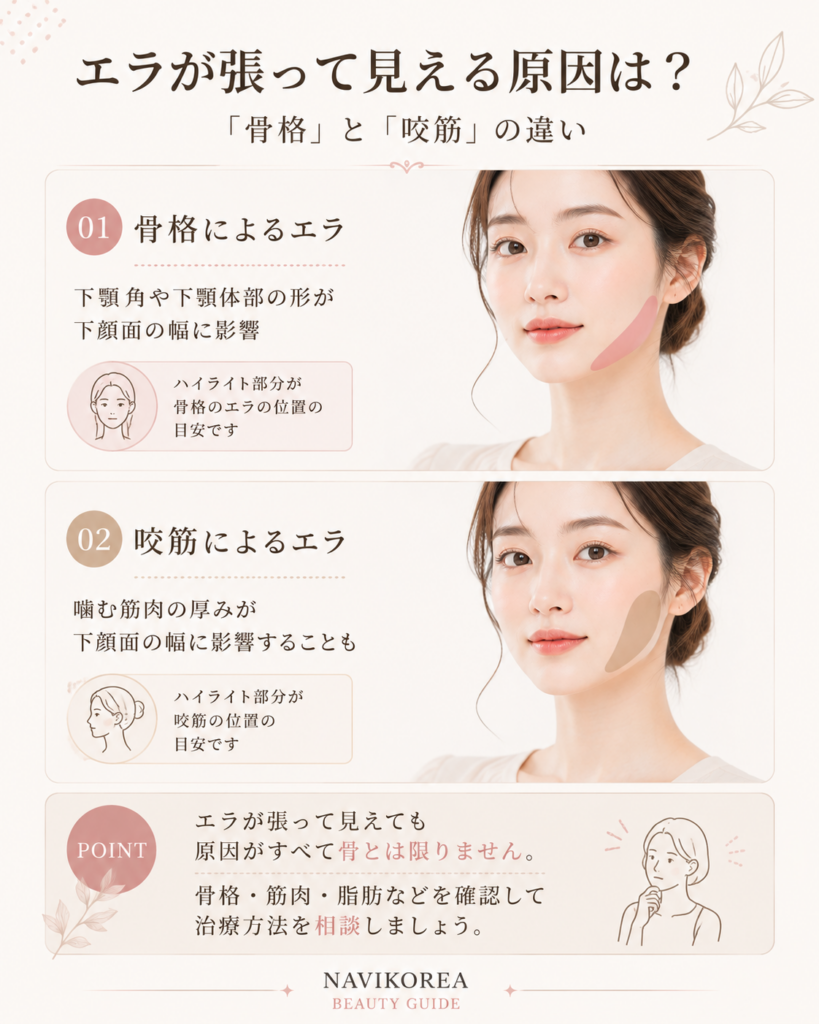 エラが張って見える原因について骨格と咬筋の違いを解説した画像
