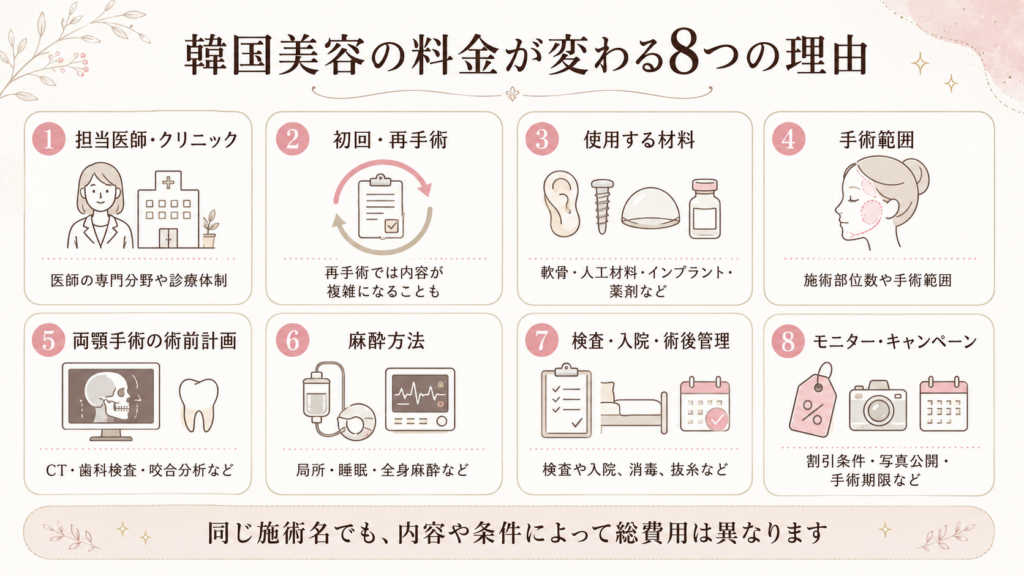 韓国美容の料金が変わる8つの理由｜医師・再手術・材料・手術範囲・麻酔・検査・入院・キャンペーン