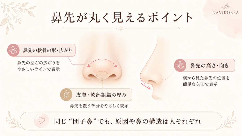団子鼻や鼻先が丸く見えるポイントを説明した図