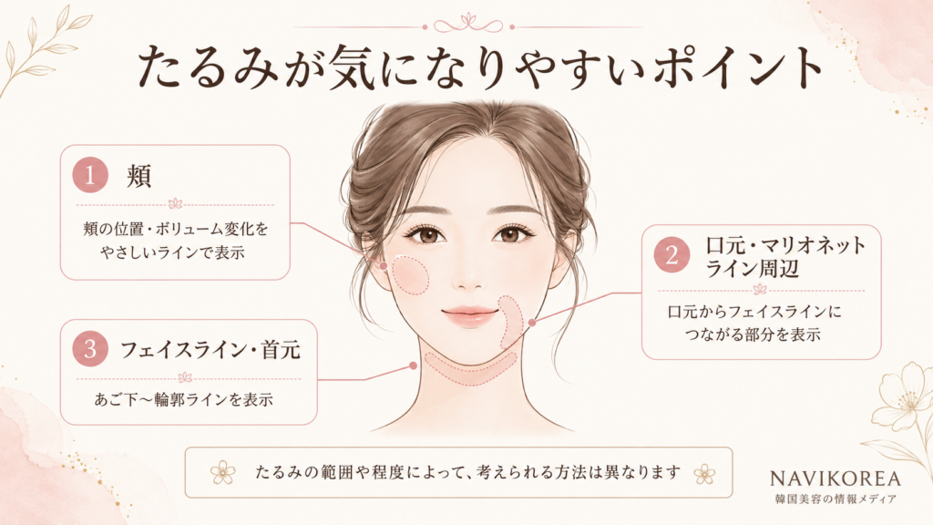 顔のたるみが気になりやすい部分を説明した図