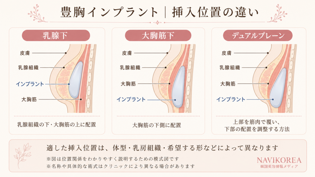 豊胸インプラントの乳腺下・大胸筋下・デュアルプレーンの違い