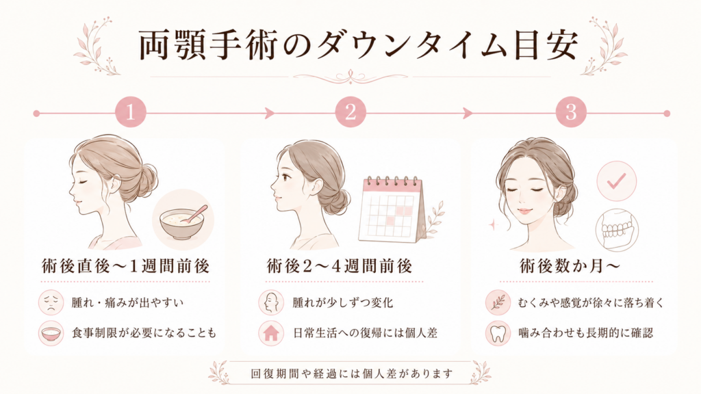 両顎手術のダウンタイム目安｜術後1週間・2〜4週間・数か月の回復経過