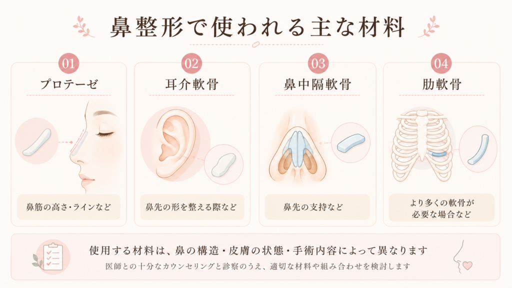 鼻整形で使われる主な材料｜プロテーゼ・耳介軟骨・鼻中隔軟骨・肋軟骨