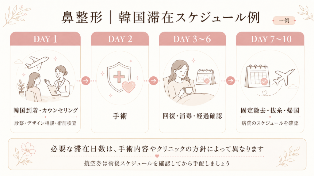 韓国で鼻整形を受ける場合の滞在スケジュール例｜カウンセリング・手術・回復・抜糸・帰国