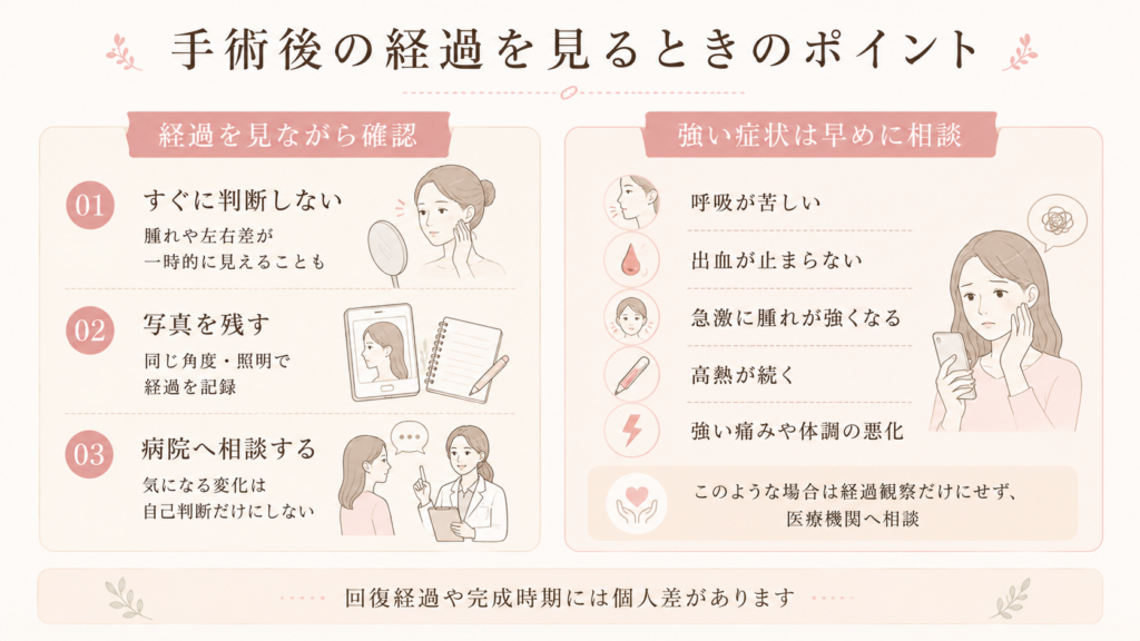 美容整形後の経過を見るポイント｜腫れ・左右差・記録・医療機関への相談